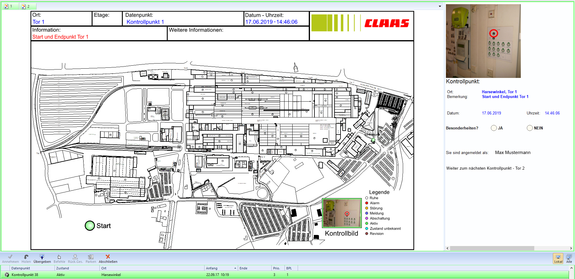 WinGuard fire alarm at the Henkel site: building, alarm point and floor in the header, the full action text with access route and hazard information, and the floor plan with the triggered detector highlighted.
