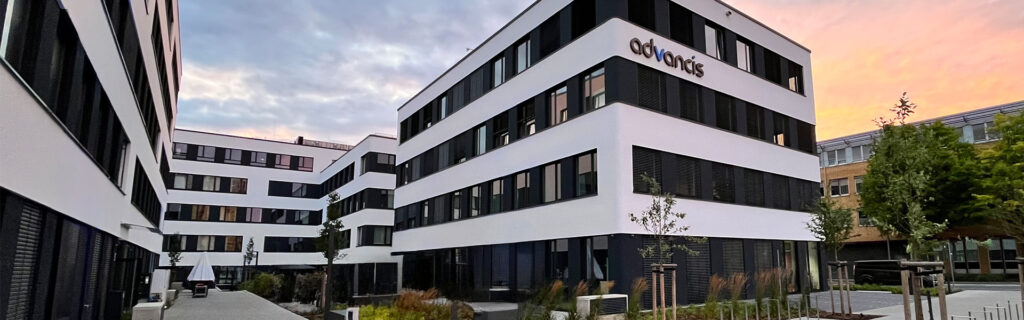 The Advancis headquarters building in Langen, just south of Frankfurt, at dusk