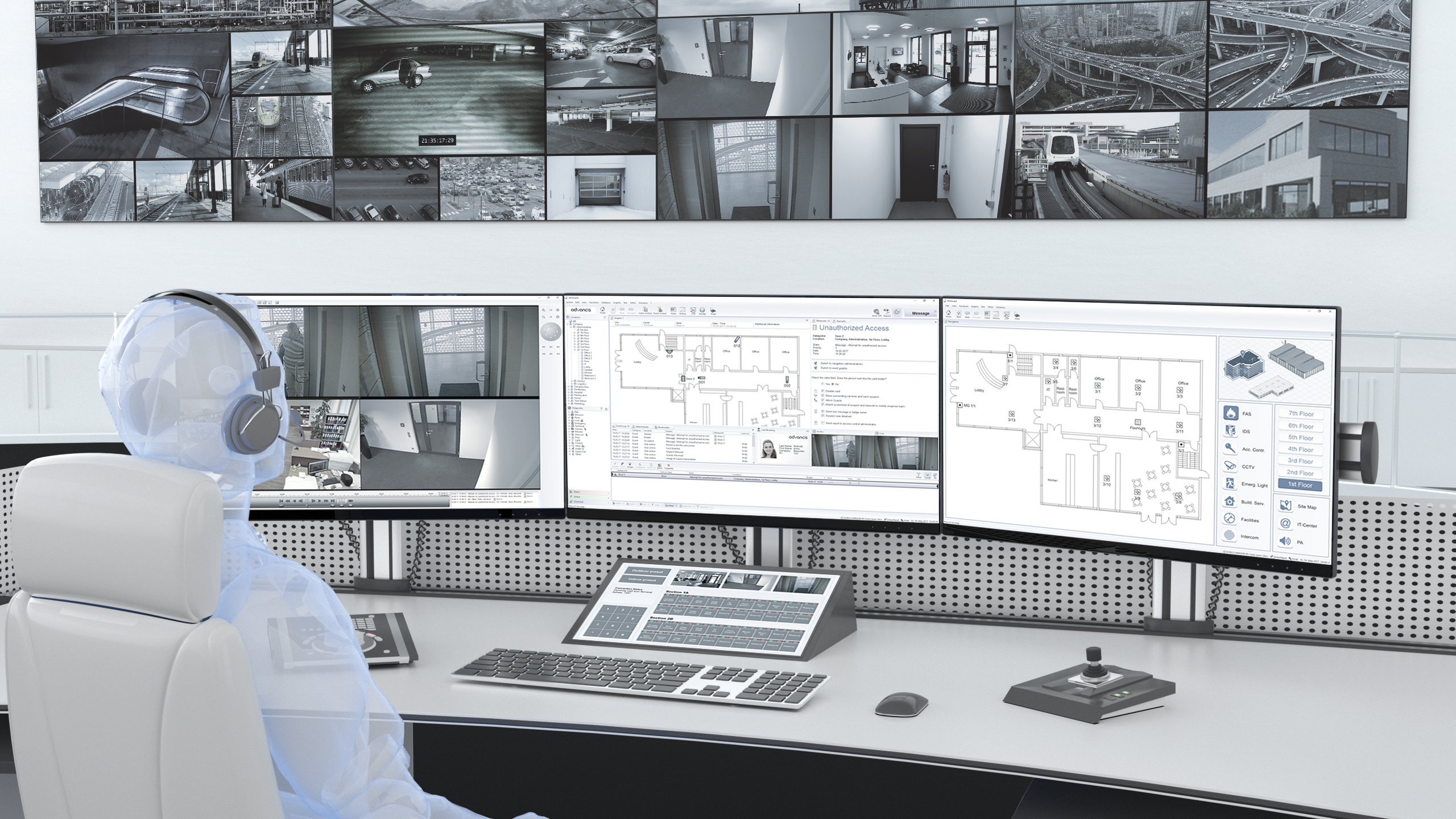 WinGuard Professional: larger, distributed installation with a dedicated operator seat.