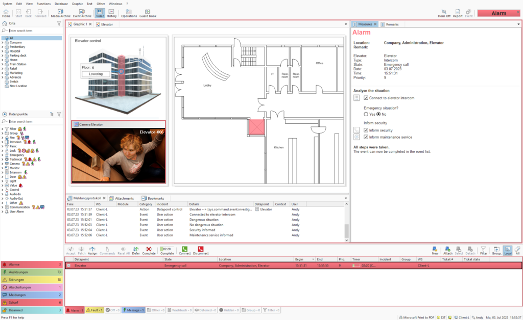 WinGuard intercom event with elevator dispatch controls and conversation log.